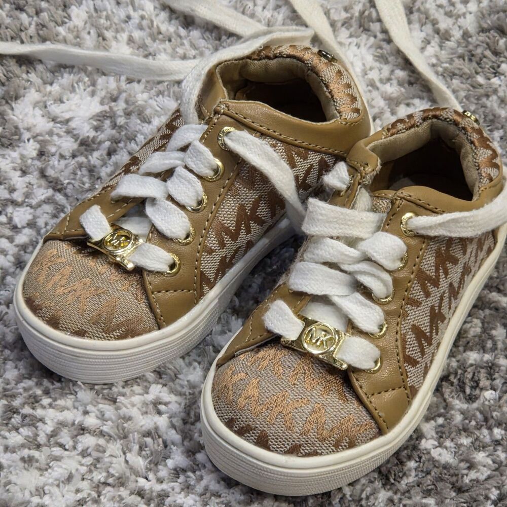 Michael Kors Girls Tan Monogram Logo Sneakers - Size 6